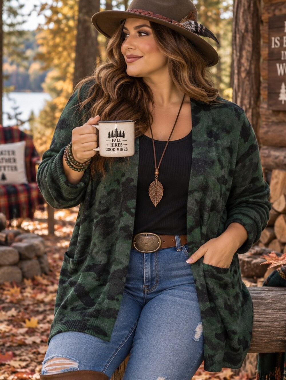 Cable & Gauge 1X Green Camo Long Cardigan NWT Plus Size Open Front